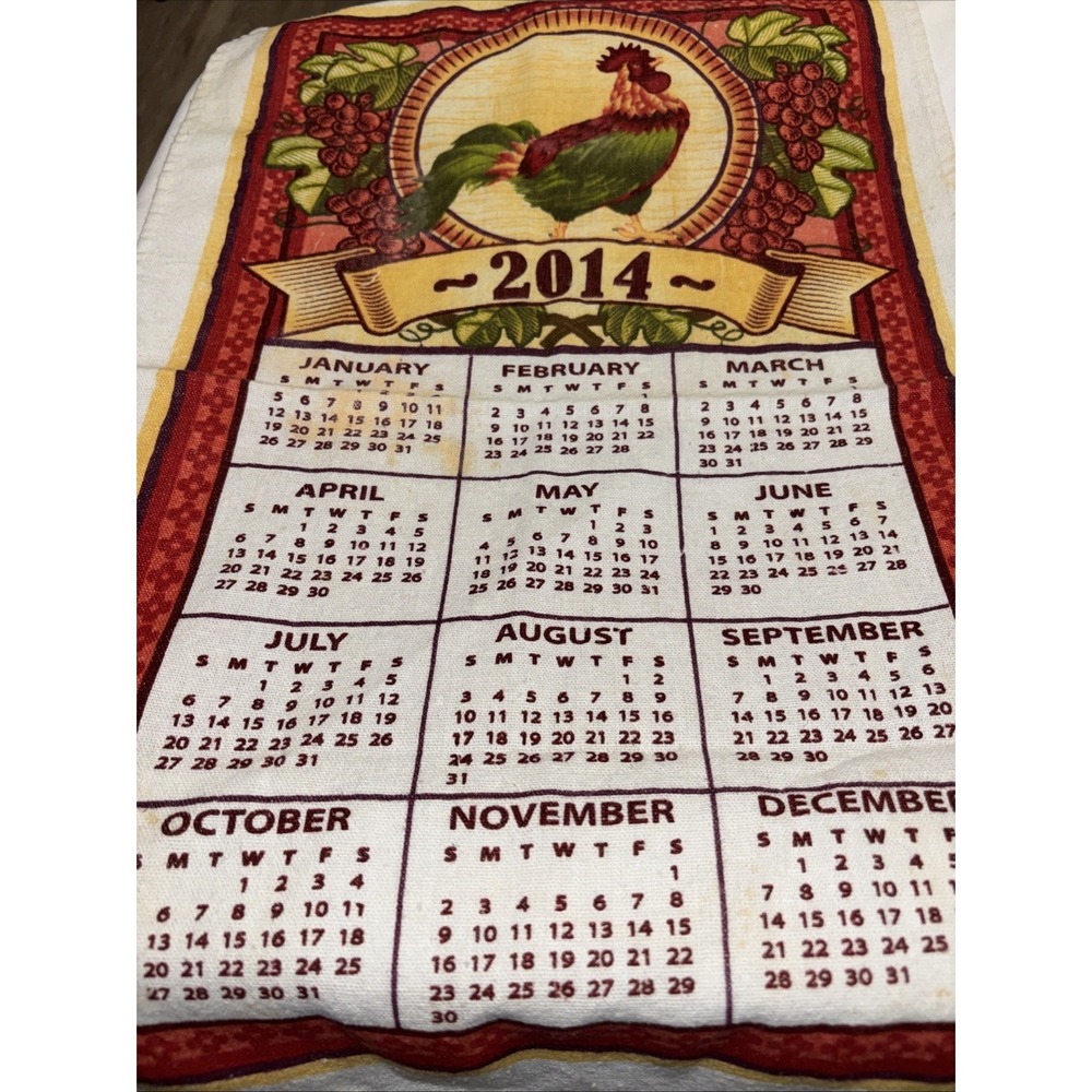 2014 Rooster Calendar Tea Towel Cotton Farmhouse Kitchen Decor 22x15